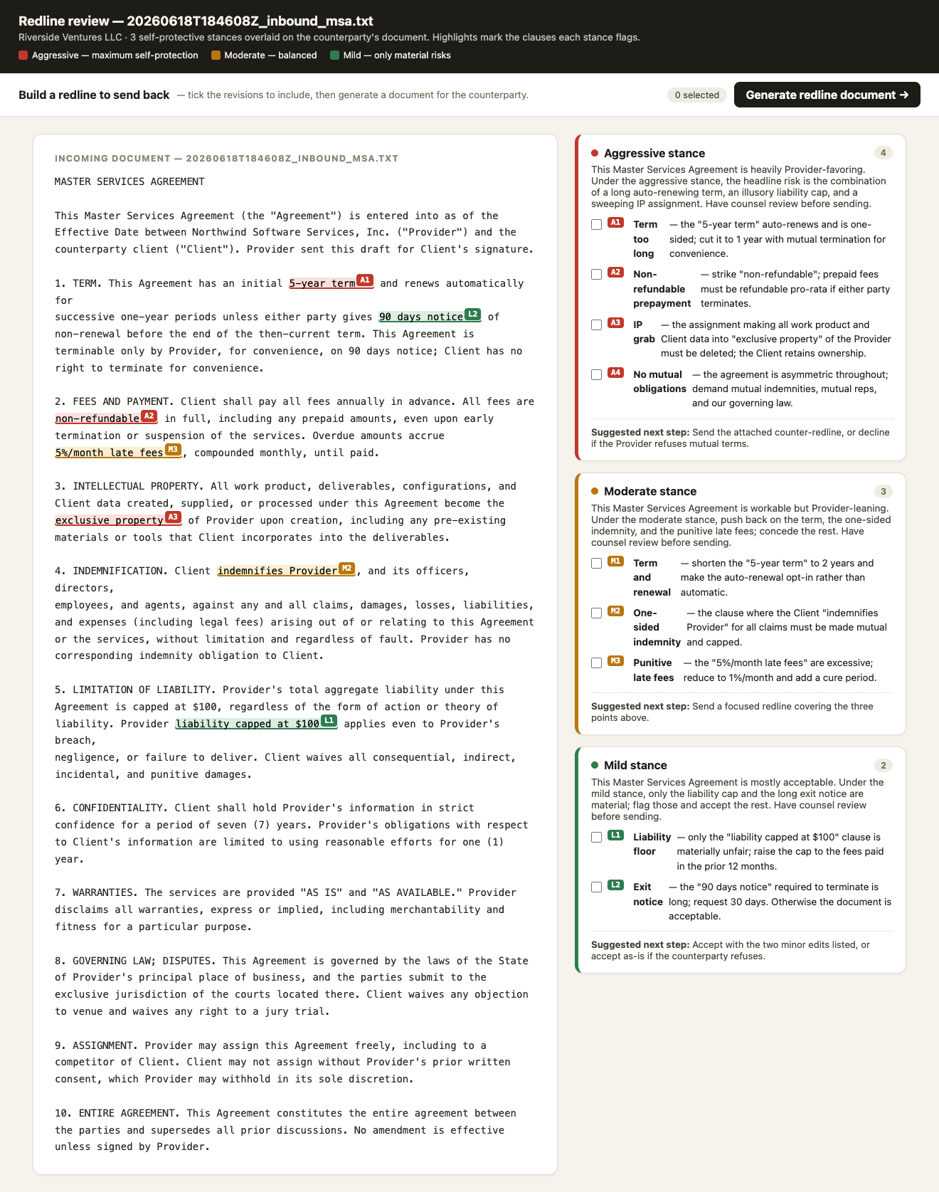 Three stances overlaid on the inbound contract